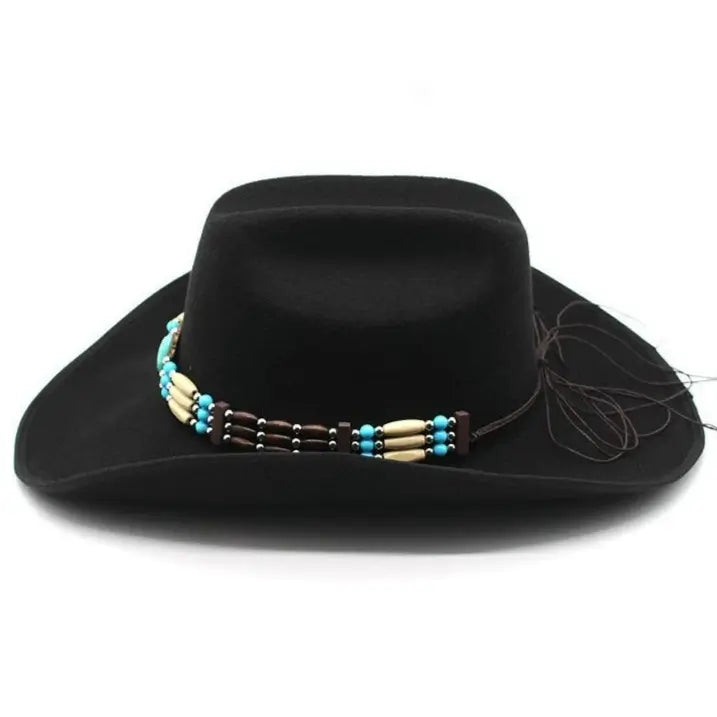 Chapeau Cowgirl Montana West, Feutre Noir Avec Fourrure Et Côtés Cloutés En Cuir