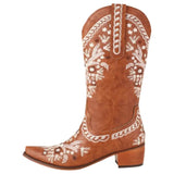 Bottes Cowboy Femme Marron avec Broderies Blanches