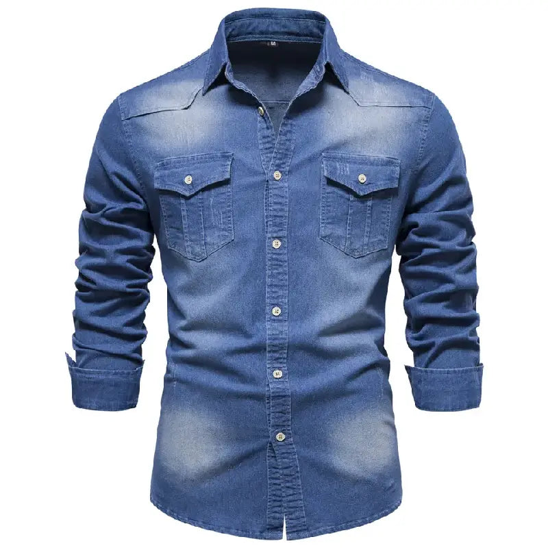 Chemise Western Denim Homme – Manches Longues, Col Contrasté, Taille M, Bleu, Occasion