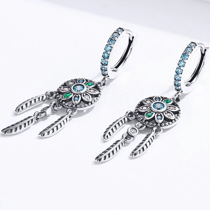Boucles D'Oreilles Attrape-Rêves Bohème Argent 925 - Turquoise, Pierre De Lune, Cristal & Plumes - Style Ethnique Élégant - Cadeau Femme & Ado